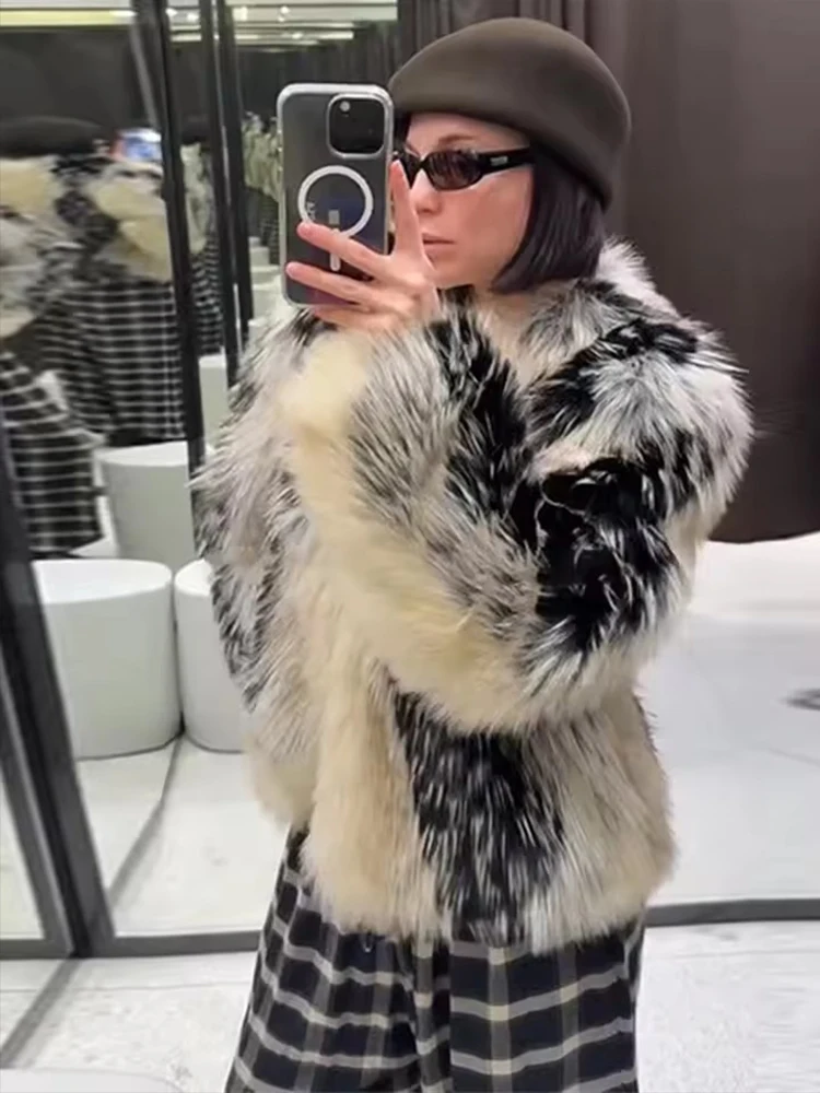 Chic Street Faux Fur Jacket Women Short Coat Elegant Fluffy Loose Warm Long Sleeve Female Outwear 2025 Autumn Winter Lady Jacket