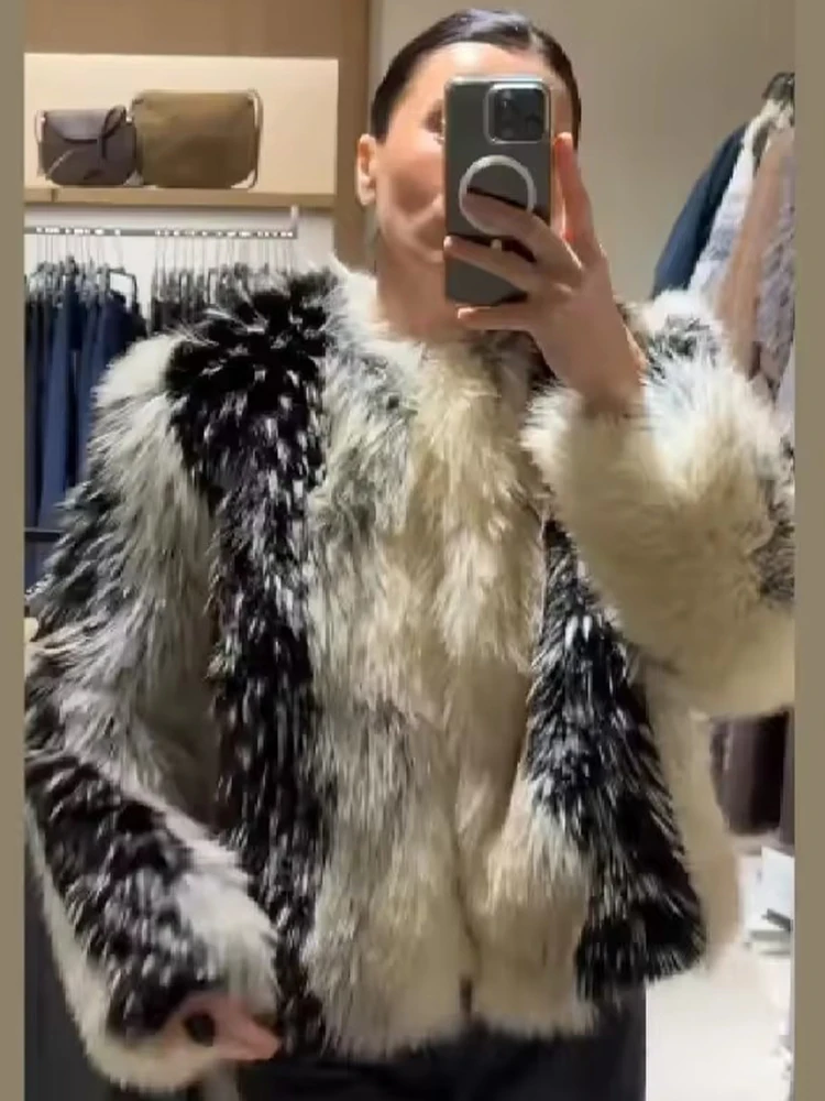 Chic Street Faux Fur Jacket Women Short Coat Elegant Fluffy Loose Warm Long Sleeve Female Outwear 2025 Autumn Winter Lady Jacket
