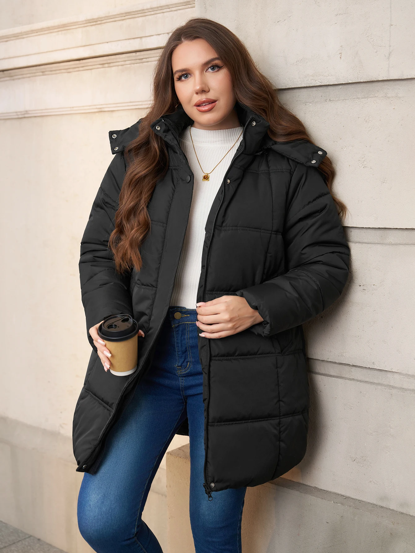 Plus Size Women's Winter Puffer Jacket Warm Mid-Length Coat with Detachable Hood for Outdoor Activities Commuting Skiing Hiking