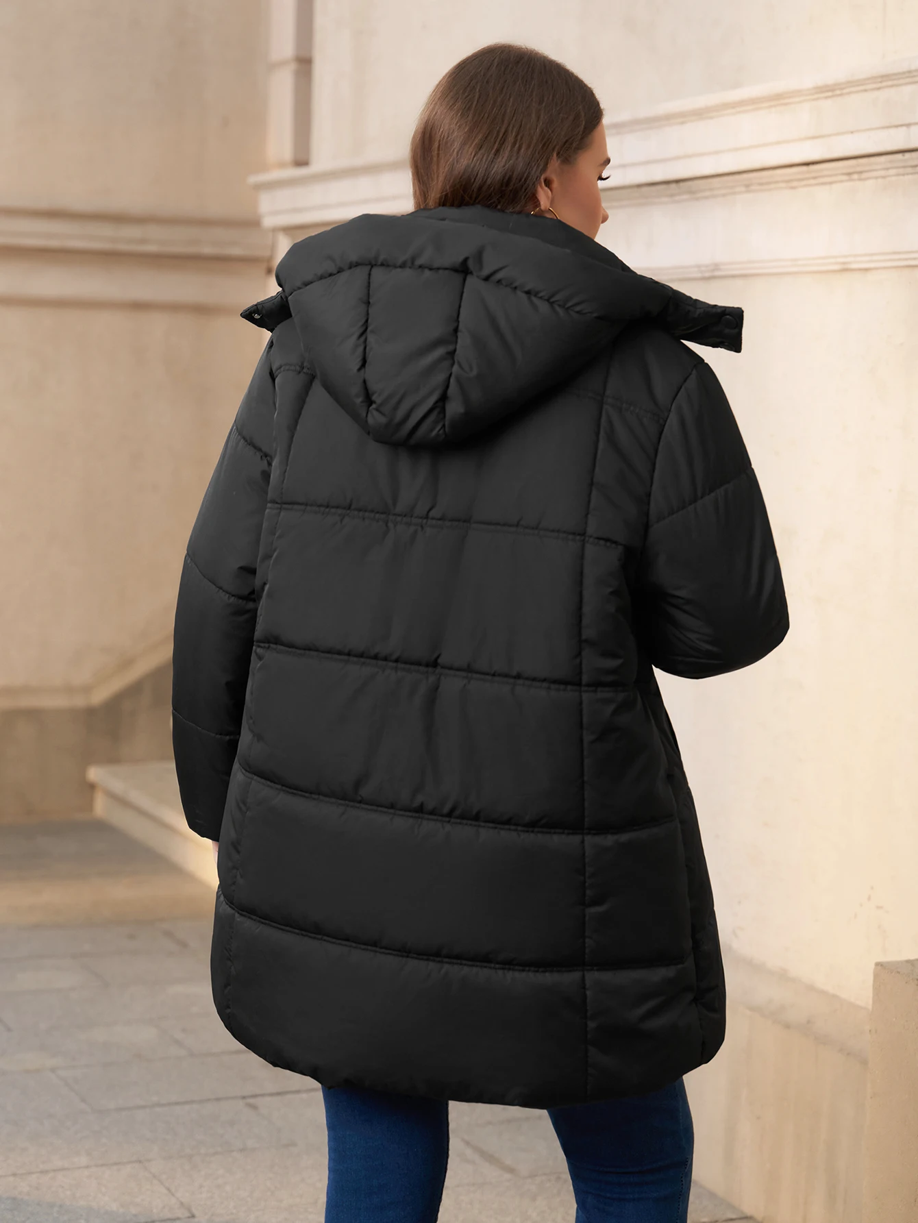Plus Size Women's Winter Puffer Jacket Warm Mid-Length Coat with Detachable Hood for Outdoor Activities Commuting Skiing Hiking