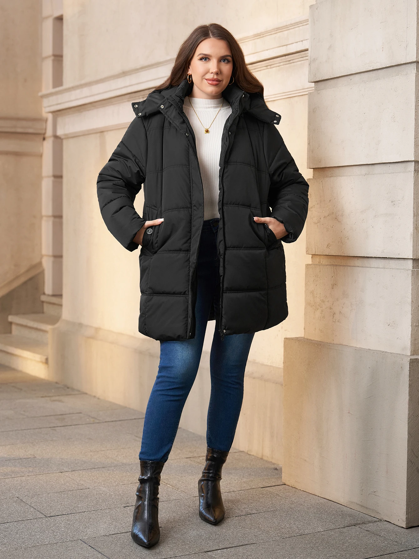 Plus Size Women's Winter Puffer Jacket Warm Mid-Length Coat with Detachable Hood for Outdoor Activities Commuting Skiing Hiking
