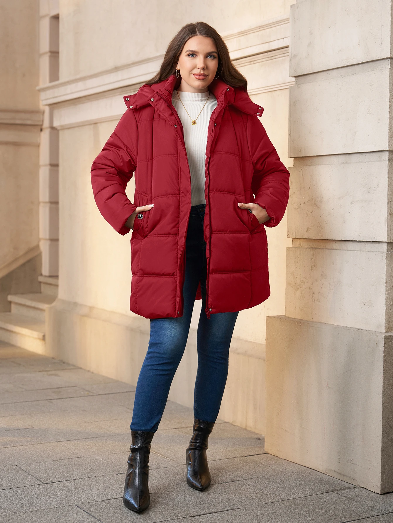 Plus Size Women's Winter Puffer Jacket Warm Mid-Length Coat with Detachable Hood for Outdoor Activities Commuting Skiing Hiking