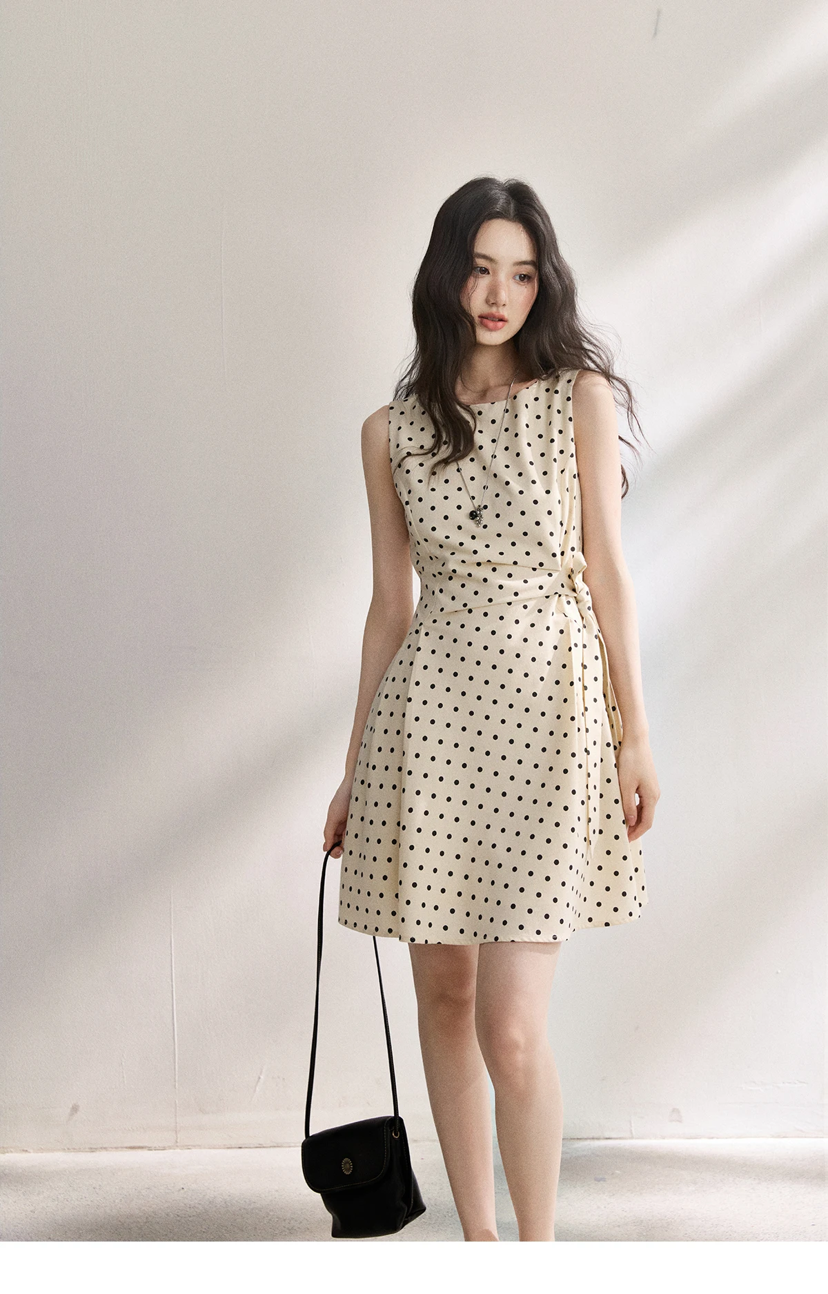 MISHOW 2026 Summer New Women Retro Polka Dot Dress Sleeveless Waist Belt Slim A-Line Party Gentle Mini Dress Apricot MXF22L2610