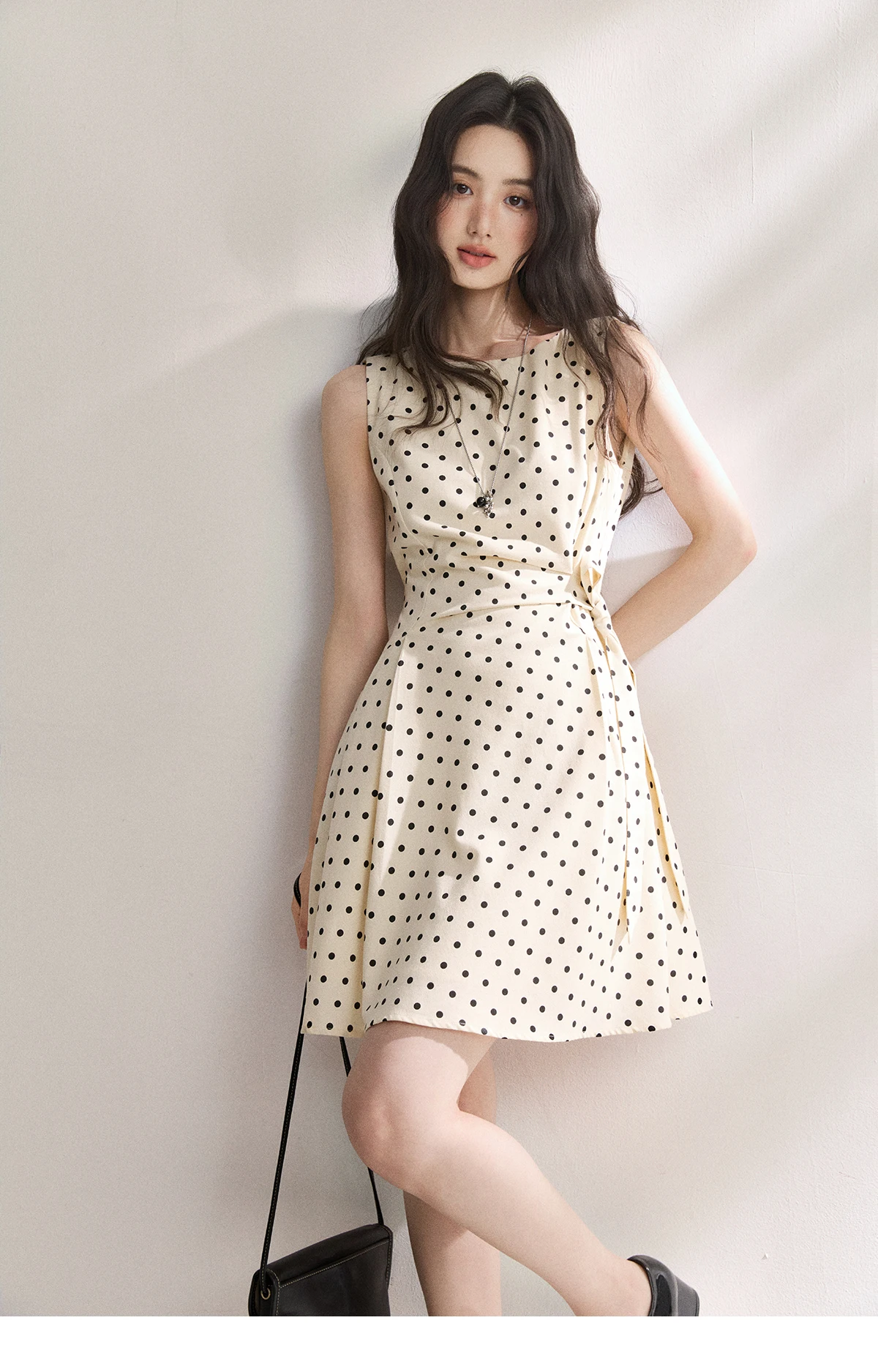 MISHOW 2026 Summer New Women Retro Polka Dot Dress Sleeveless Waist Belt Slim A-Line Party Gentle Mini Dress Apricot MXF22L2610