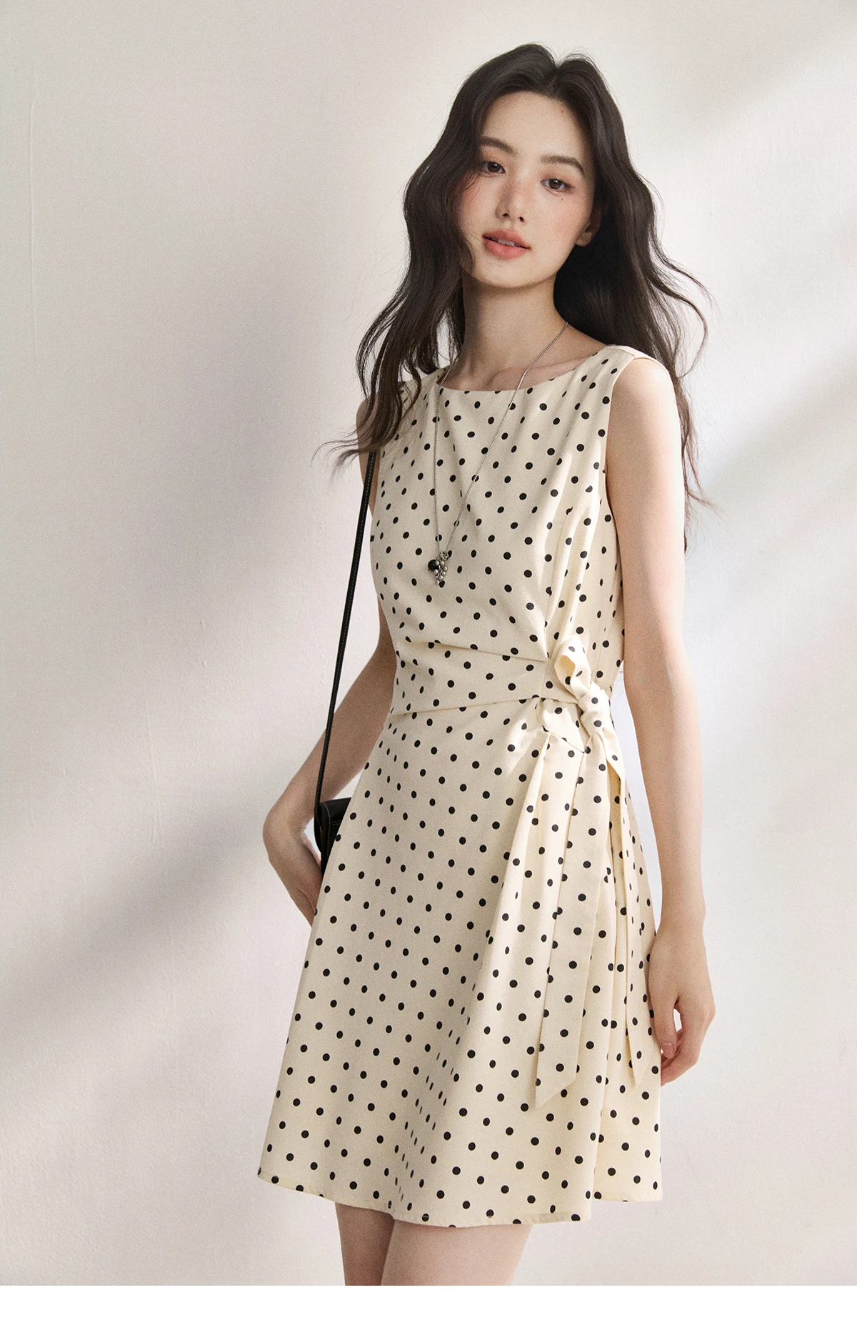 MISHOW 2026 Summer New Women Retro Polka Dot Dress Sleeveless Waist Belt Slim A-Line Party Gentle Mini Dress Apricot MXF22L2610