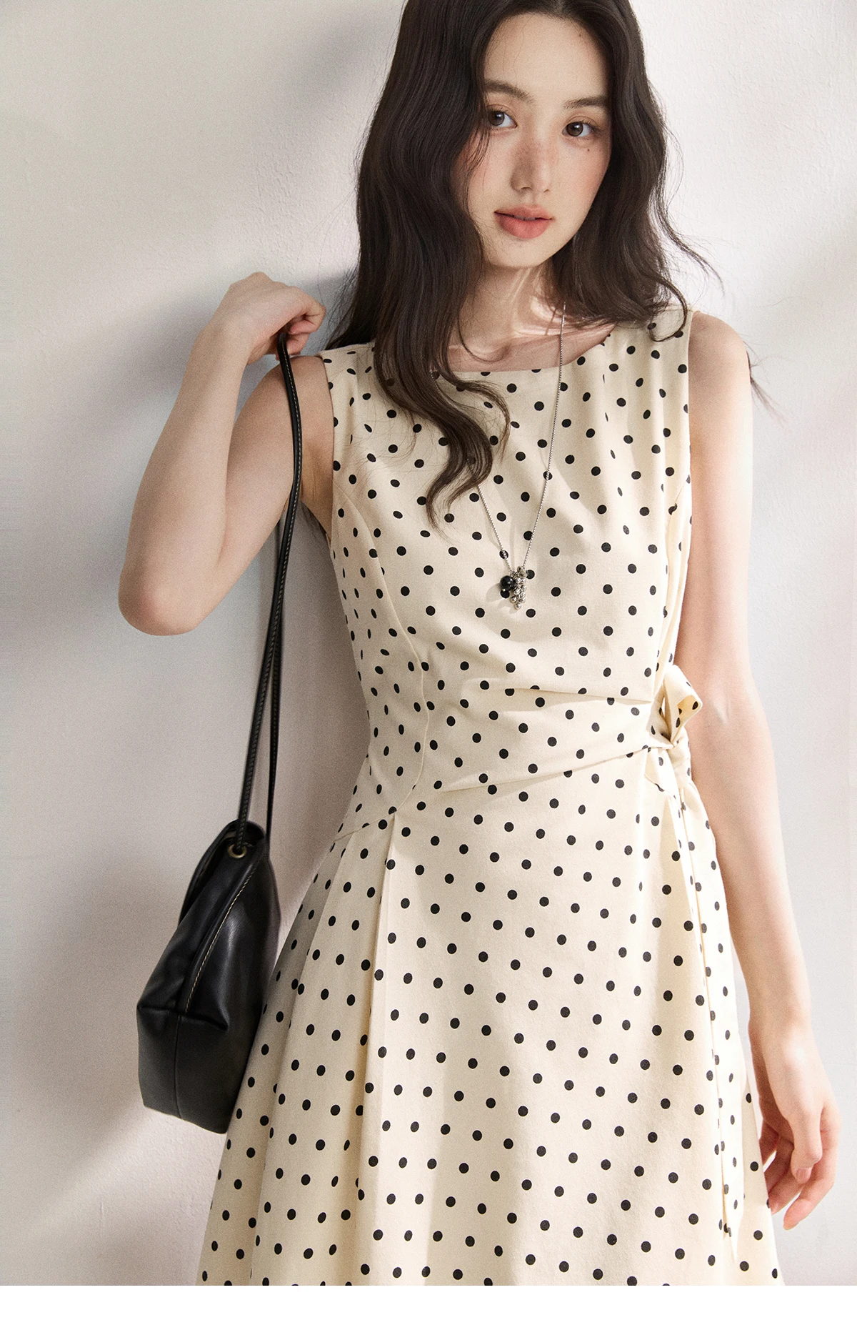 MISHOW 2026 Summer New Women Retro Polka Dot Dress Sleeveless Waist Belt Slim A-Line Party Gentle Mini Dress Apricot MXF22L2610