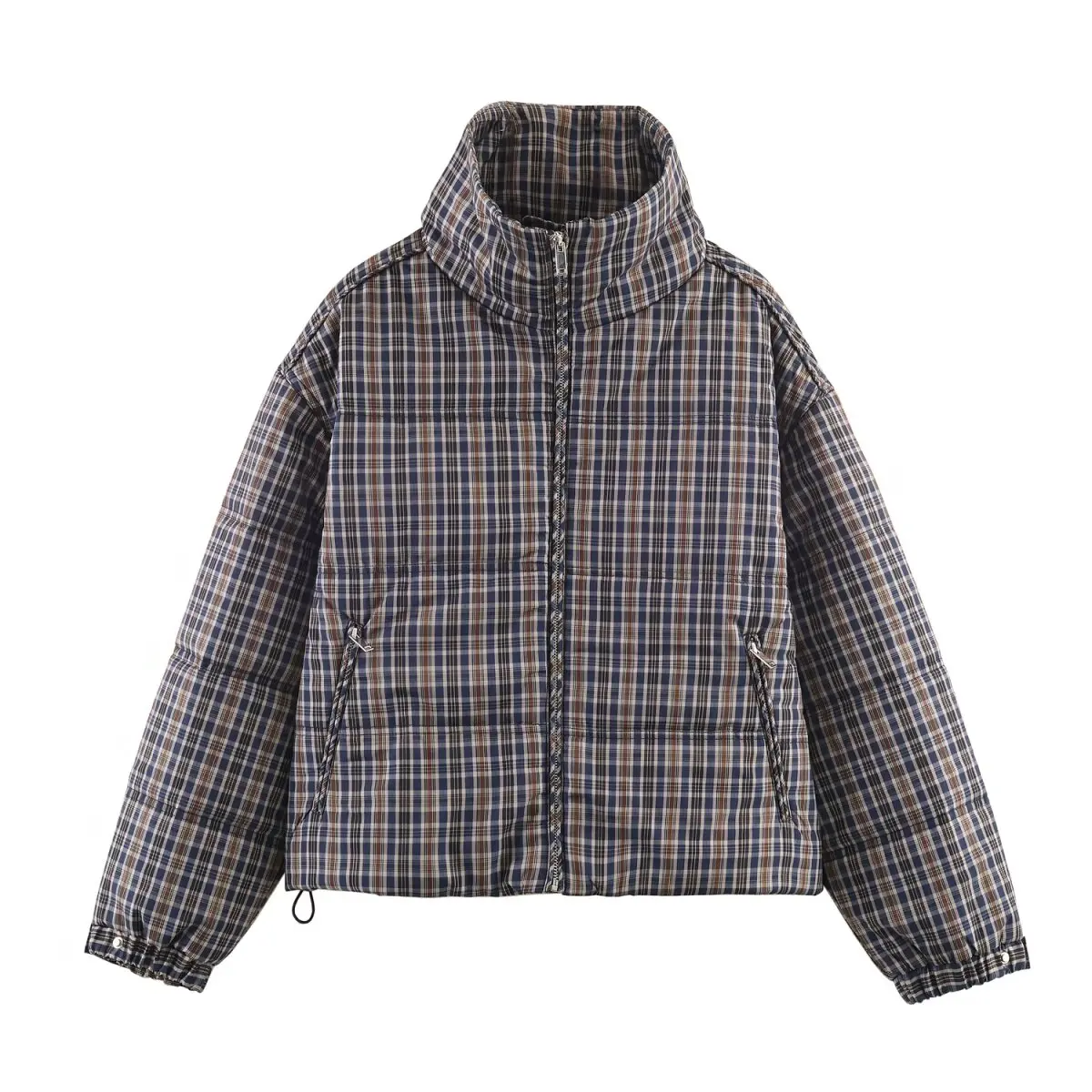 KONDALA Trendy Vintage Plaid Padding Jacket Women Stand-up Collar Zipper Jacket 2026 Fall Winter Chic High Street Casual Jacket