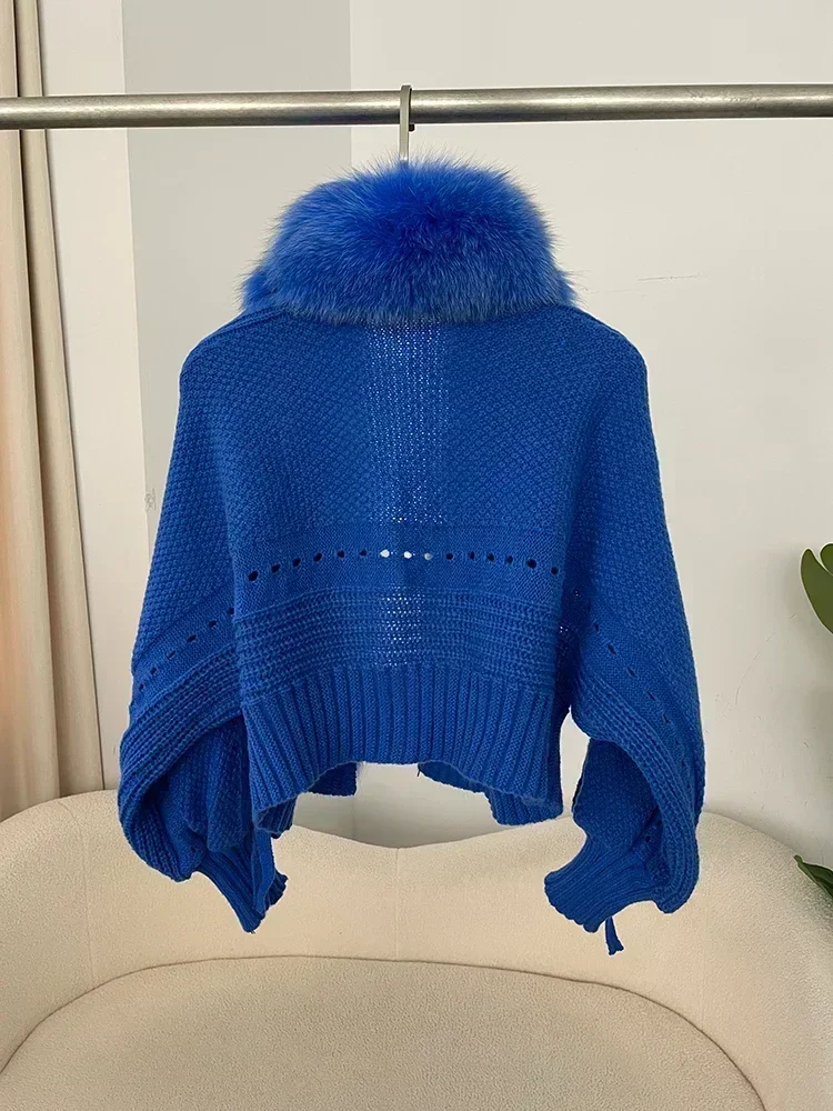 2024 Winter New Fashion Knitting Cardigan Placket Coat Women Casual Real Fox Fur Coat Short Warm Knitted Jacket with Natural Fur