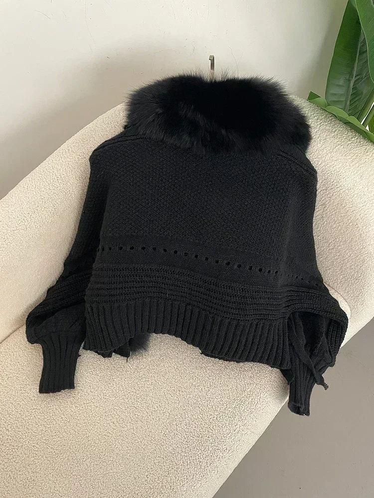 2024 Winter New Fashion Knitting Cardigan Placket Coat Women Casual Real Fox Fur Coat Short Warm Knitted Jacket with Natural Fur
