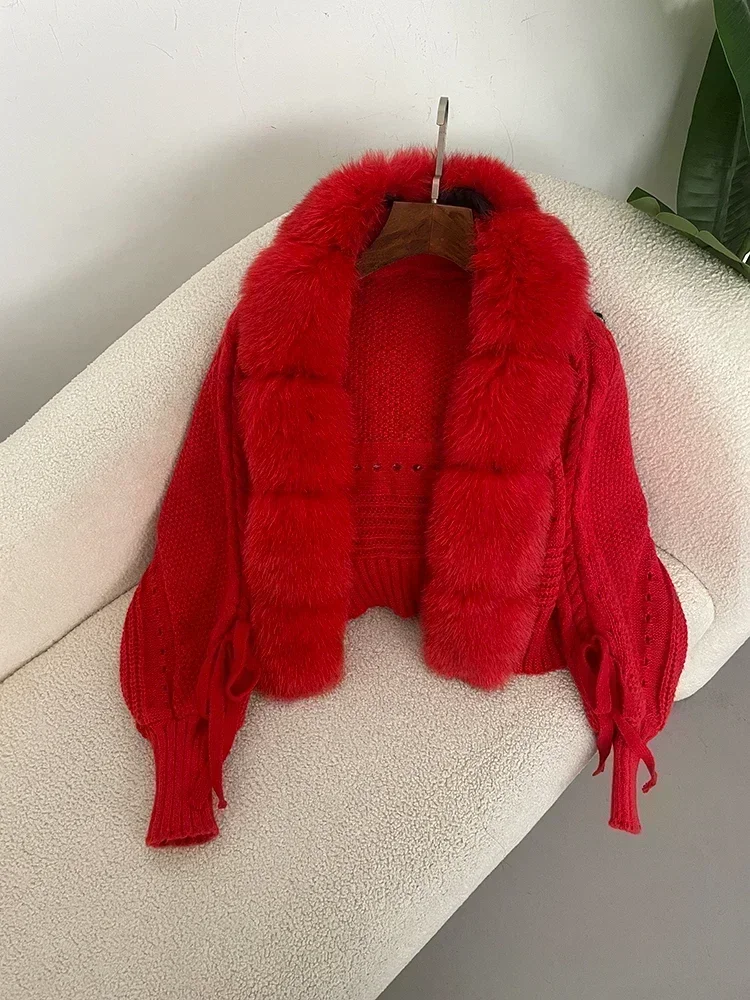 2024 Winter New Fashion Knitting Cardigan Placket Coat Women Casual Real Fox Fur Coat Short Warm Knitted Jacket with Natural Fur