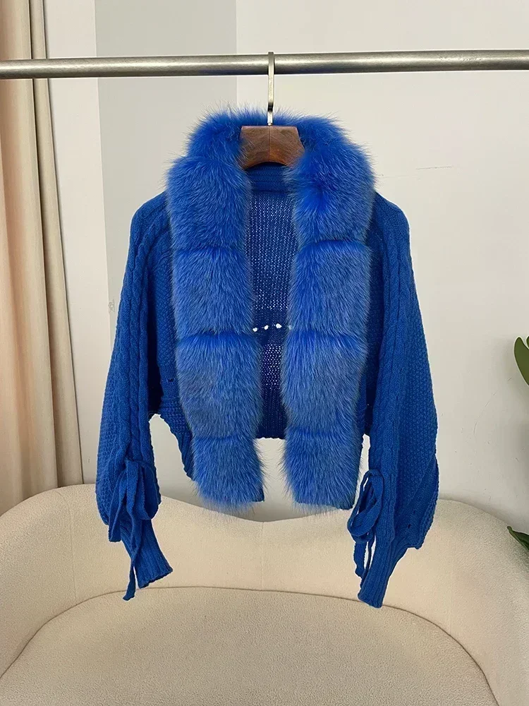 2024 Winter New Fashion Knitting Cardigan Placket Coat Women Casual Real Fox Fur Coat Short Warm Knitted Jacket with Natural Fur