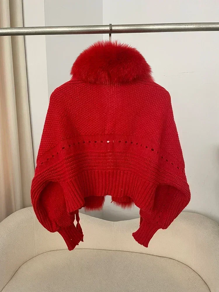 2024 Winter New Fashion Knitting Cardigan Placket Coat Women Casual Real Fox Fur Coat Short Warm Knitted Jacket with Natural Fur