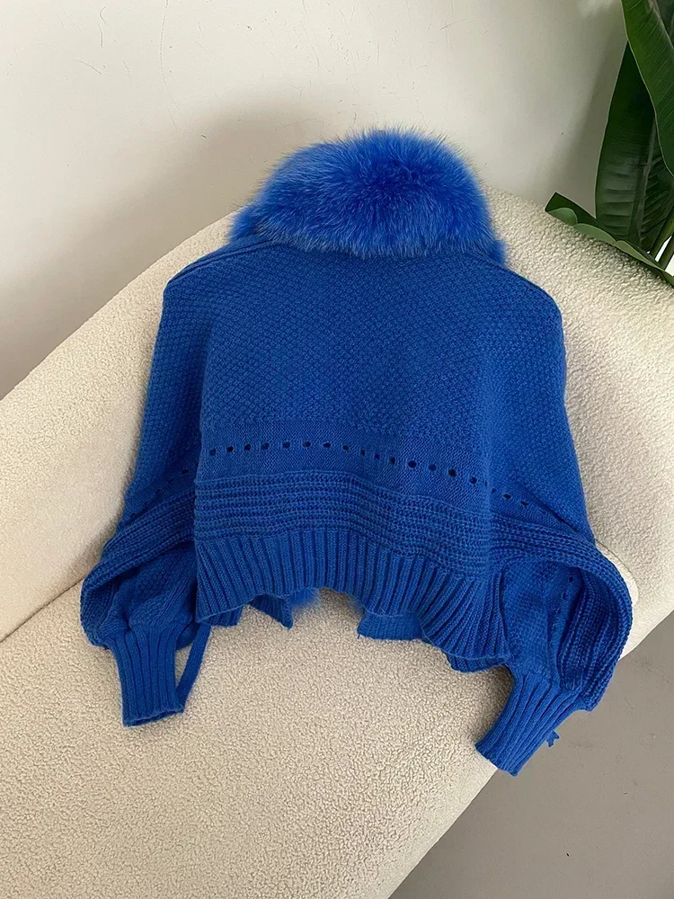 2024 Winter New Fashion Knitting Cardigan Placket Coat Women Casual Real Fox Fur Coat Short Warm Knitted Jacket with Natural Fur