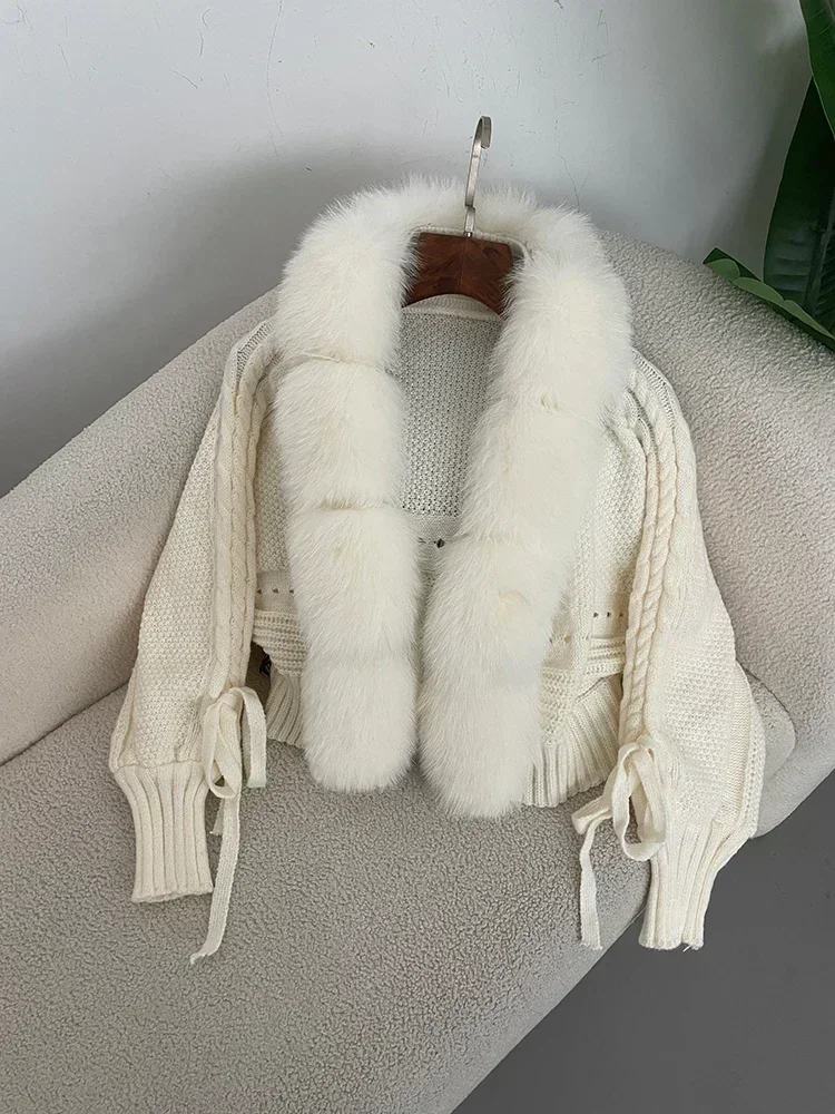 2024 Winter New Fashion Knitting Cardigan Placket Coat Women Casual Real Fox Fur Coat Short Warm Knitted Jacket with Natural Fur