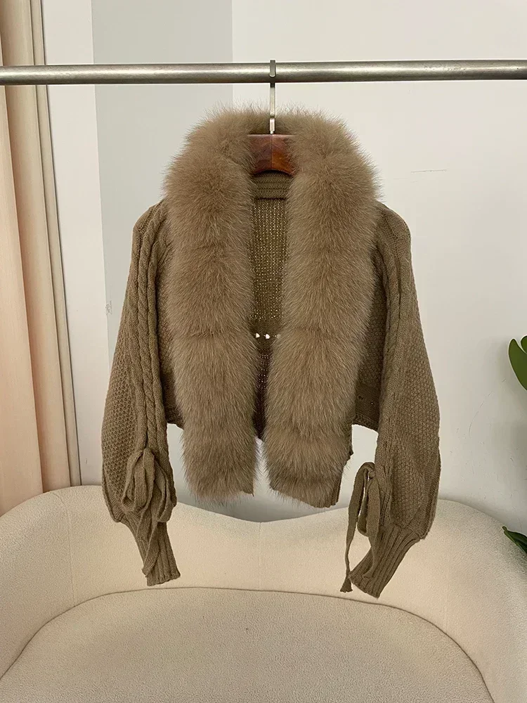 2024 Winter New Fashion Knitting Cardigan Placket Coat Women Casual Real Fox Fur Coat Short Warm Knitted Jacket with Natural Fur