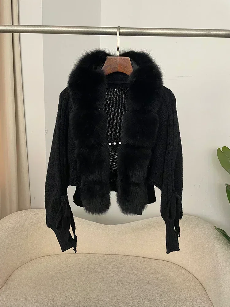 2024 Winter New Fashion Knitting Cardigan Placket Coat Women Casual Real Fox Fur Coat Short Warm Knitted Jacket with Natural Fur