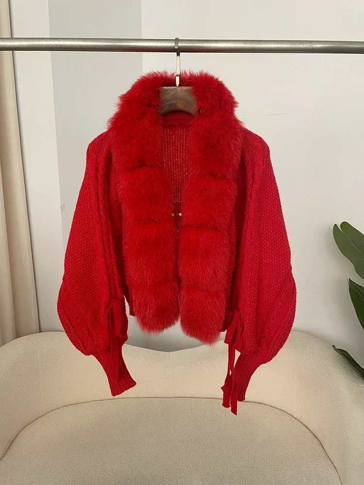 2024 Winter New Fashion Knitting Cardigan Placket Coat Women Casual Real Fox Fur Coat Short Warm Knitted Jacket with Natural Fur