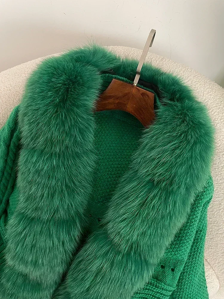2024 Winter New Fashion Knitting Cardigan Placket Coat Women Casual Real Fox Fur Coat Short Warm Knitted Jacket with Natural Fur