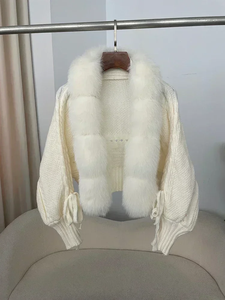 2024 Winter New Fashion Knitting Cardigan Placket Coat Women Casual Real Fox Fur Coat Short Warm Knitted Jacket with Natural Fur