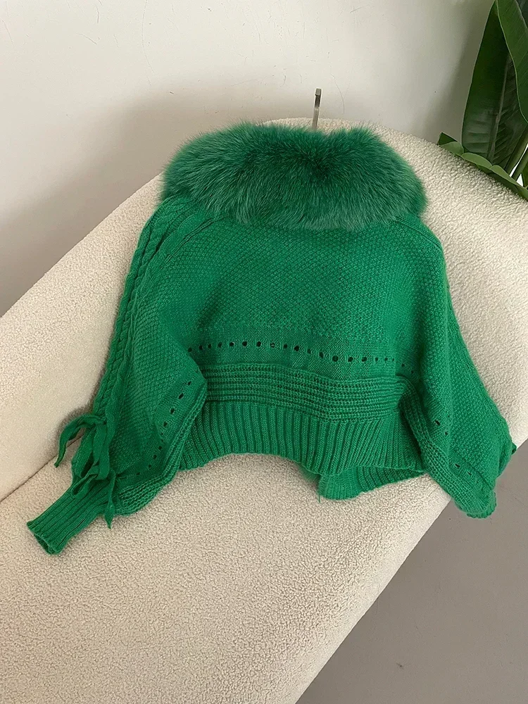 2024 Winter New Fashion Knitting Cardigan Placket Coat Women Casual Real Fox Fur Coat Short Warm Knitted Jacket with Natural Fur