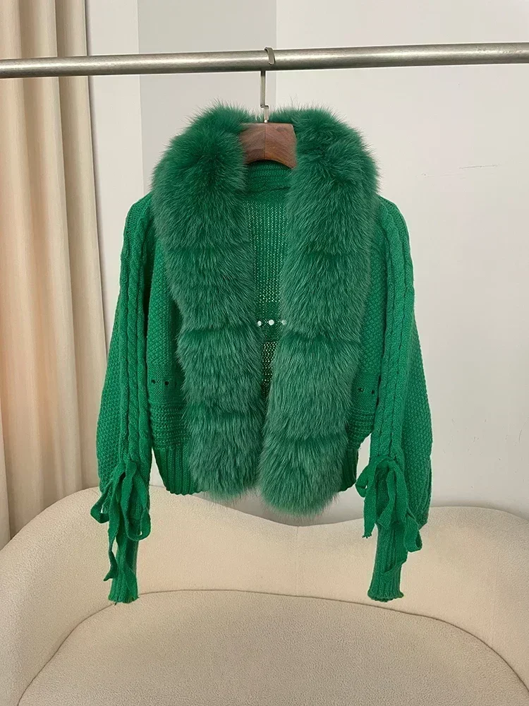 2024 Winter New Fashion Knitting Cardigan Placket Coat Women Casual Real Fox Fur Coat Short Warm Knitted Jacket with Natural Fur