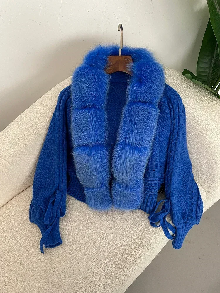 2024 Winter New Fashion Knitting Cardigan Placket Coat Women Casual Real Fox Fur Coat Short Warm Knitted Jacket with Natural Fur