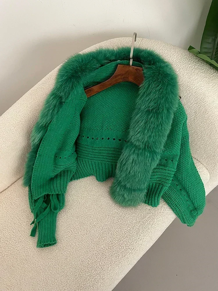 2024 Winter New Fashion Knitting Cardigan Placket Coat Women Casual Real Fox Fur Coat Short Warm Knitted Jacket with Natural Fur