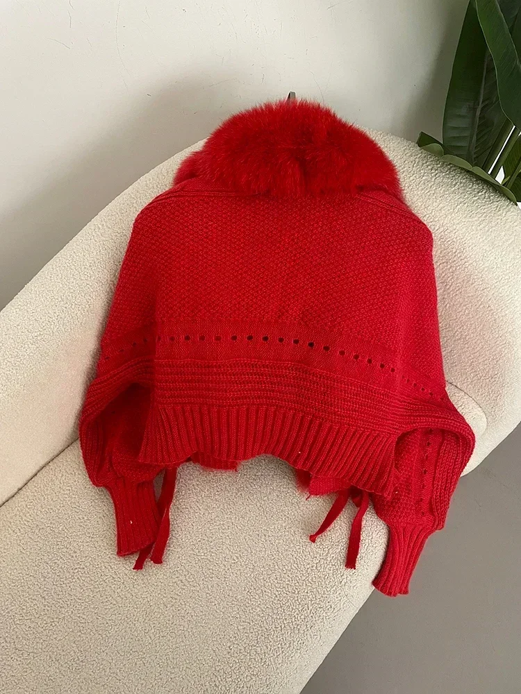 2024 Winter New Fashion Knitting Cardigan Placket Coat Women Casual Real Fox Fur Coat Short Warm Knitted Jacket with Natural Fur