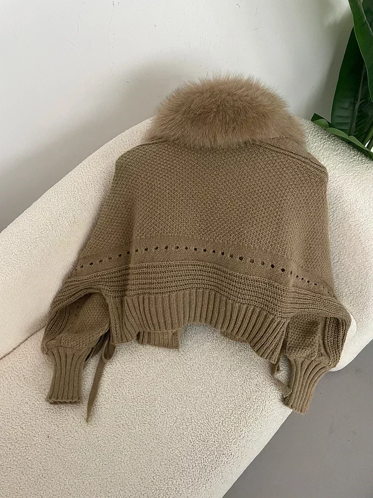 2024 Winter New Fashion Knitting Cardigan Placket Coat Women Casual Real Fox Fur Coat Short Warm Knitted Jacket with Natural Fur