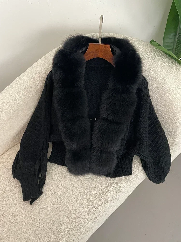 2024 Winter New Fashion Knitting Cardigan Placket Coat Women Casual Real Fox Fur Coat Short Warm Knitted Jacket with Natural Fur