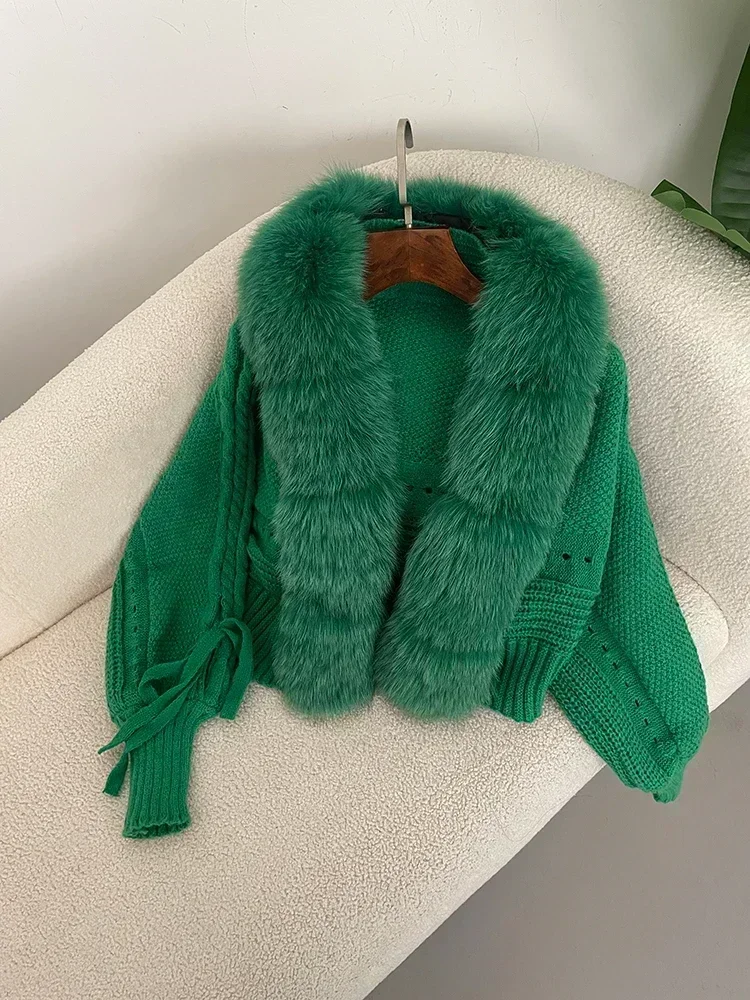 2024 Winter New Fashion Knitting Cardigan Placket Coat Women Casual Real Fox Fur Coat Short Warm Knitted Jacket with Natural Fur