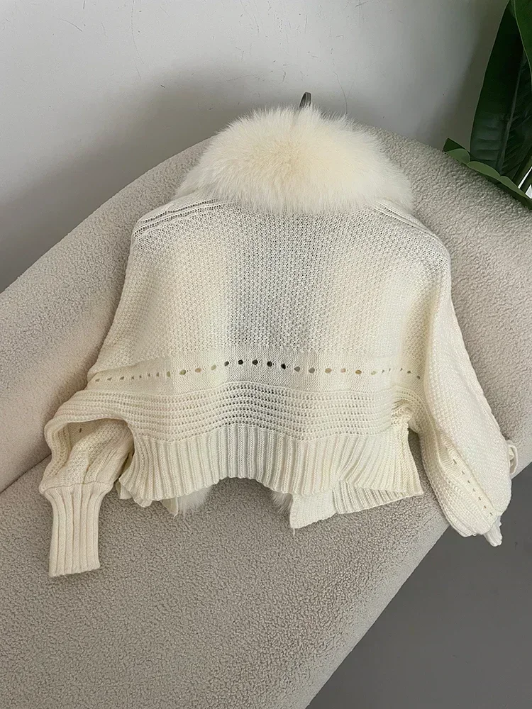 2024 Winter New Fashion Knitting Cardigan Placket Coat Women Casual Real Fox Fur Coat Short Warm Knitted Jacket with Natural Fur