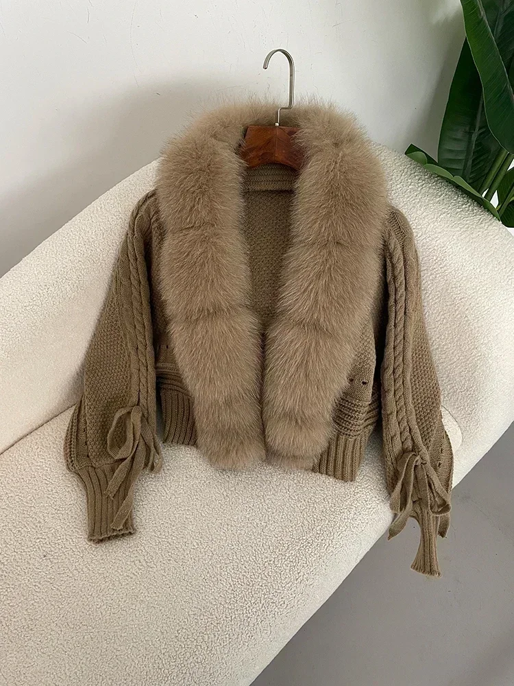 2024 Winter New Fashion Knitting Cardigan Placket Coat Women Casual Real Fox Fur Coat Short Warm Knitted Jacket with Natural Fur