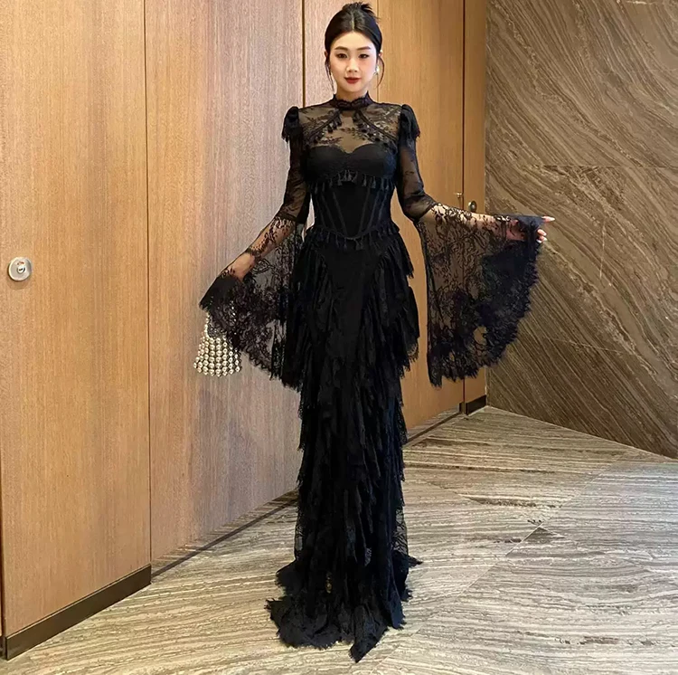 Seifrmann Spliced lace embroidered backless dress stand-up collar long-sleeved waist elegant dress 2026 summer new style