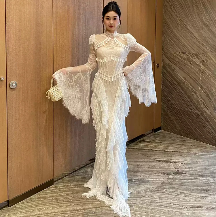 Seifrmann Spliced lace embroidered backless dress stand-up collar long-sleeved waist elegant dress 2026 summer new style