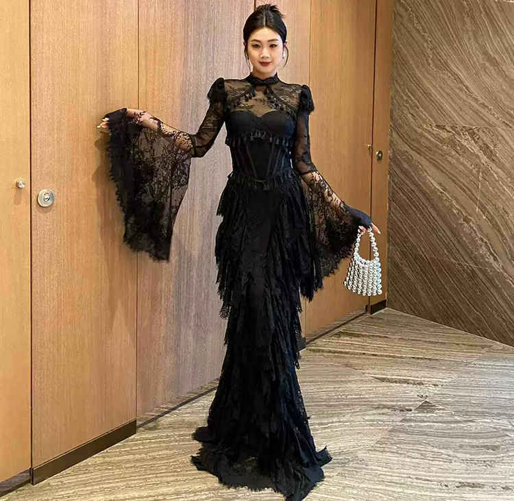 Seifrmann Spliced lace embroidered backless dress stand-up collar long-sleeved waist elegant dress 2026 summer new style