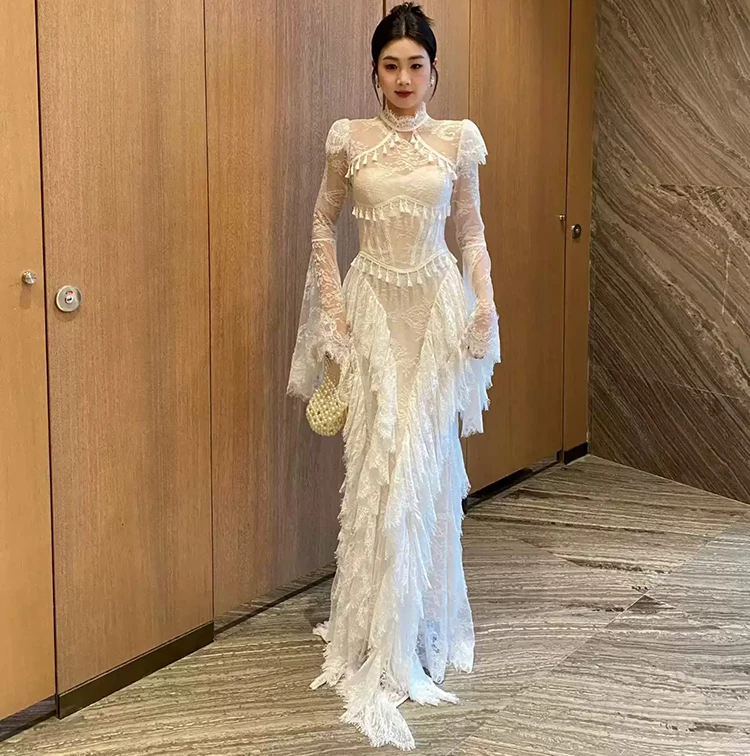 Seifrmann Spliced lace embroidered backless dress stand-up collar long-sleeved waist elegant dress 2026 summer new style