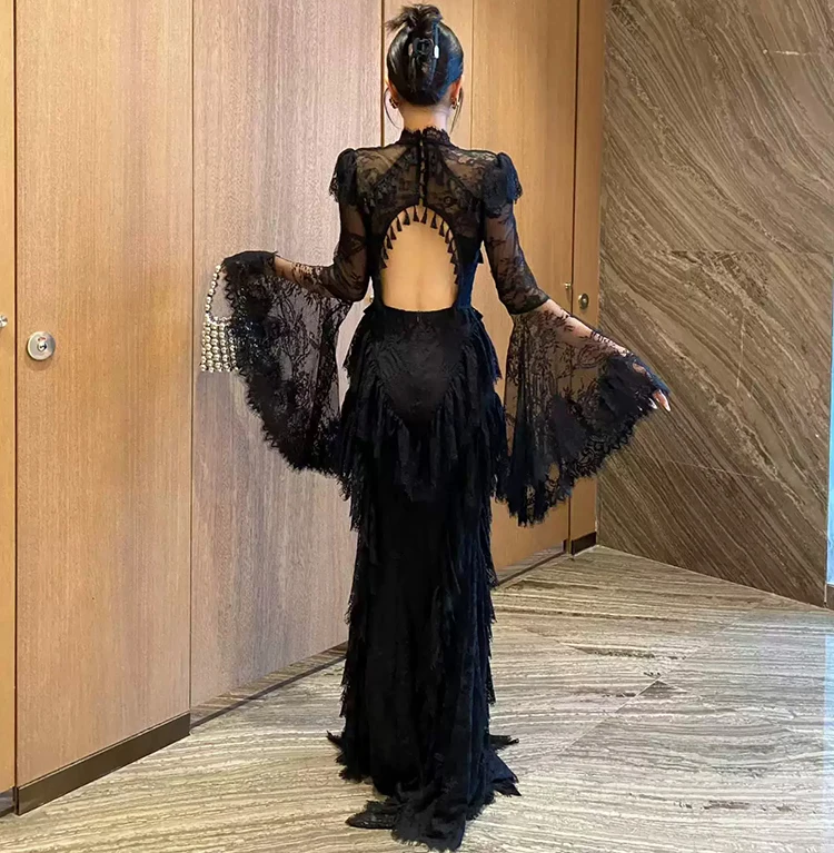 Seifrmann Spliced lace embroidered backless dress stand-up collar long-sleeved waist elegant dress 2026 summer new style