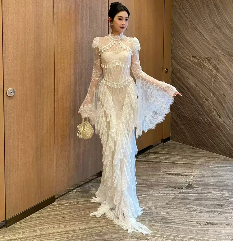 Seifrmann Spliced lace embroidered backless dress stand-up collar long-sleeved waist elegant dress 2026 summer new style