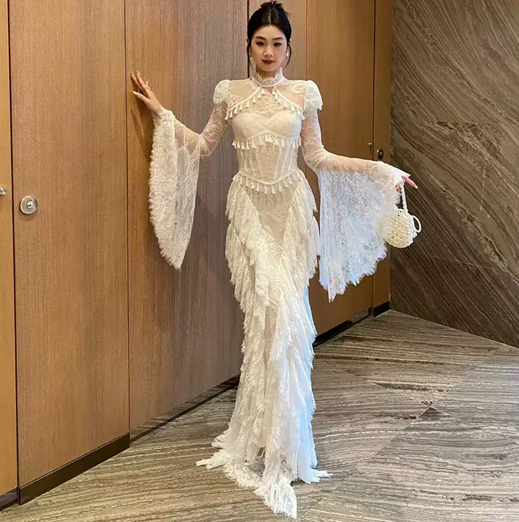 Seifrmann Spliced lace embroidered backless dress stand-up collar long-sleeved waist elegant dress 2026 summer new style