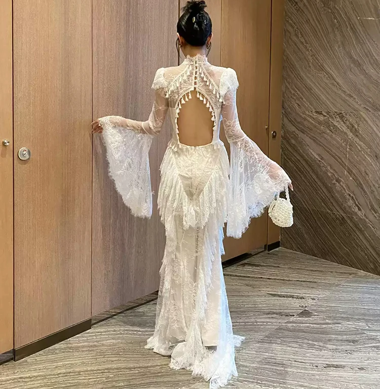 Seifrmann Spliced lace embroidered backless dress stand-up collar long-sleeved waist elegant dress 2026 summer new style