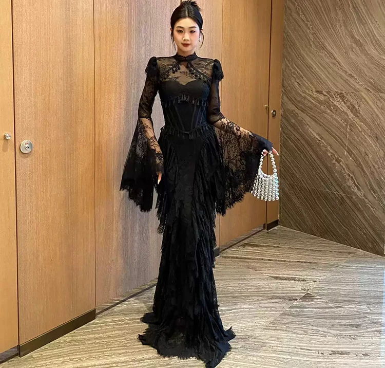 Seifrmann Spliced lace embroidered backless dress stand-up collar long-sleeved waist elegant dress 2026 summer new style