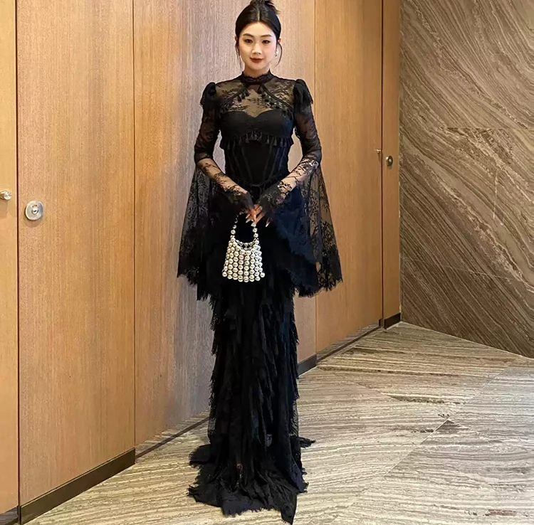 Seifrmann Spliced lace embroidered backless dress stand-up collar long-sleeved waist elegant dress 2026 summer new style
