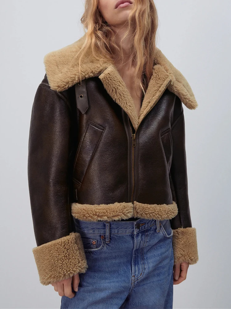 LY VAREY LIN New Winter Moto Biker Pu Short Coat Women High Street Zipper Faux Lamb Leather Jacket Lady Thick Warm Outwear