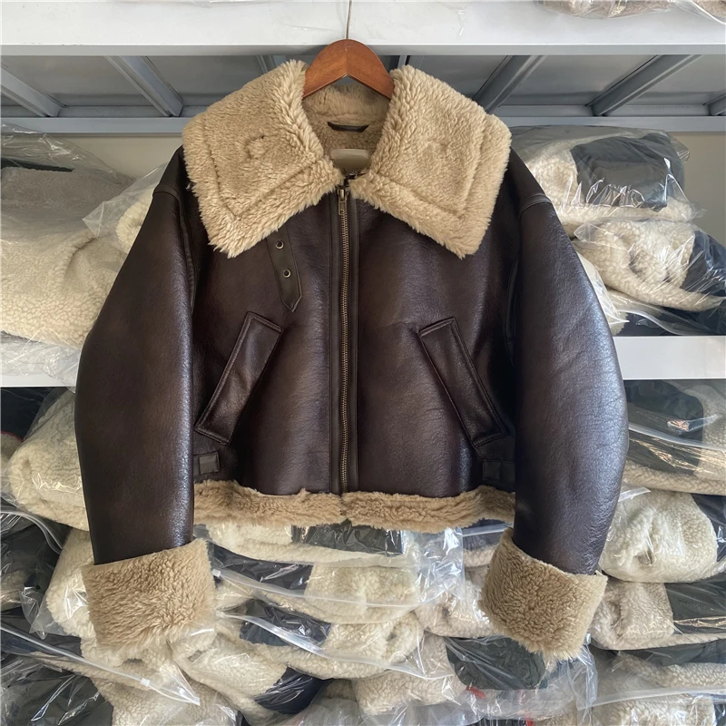 LY VAREY LIN New Winter Moto Biker Pu Short Coat Women High Street Zipper Faux Lamb Leather Jacket Lady Thick Warm Outwear