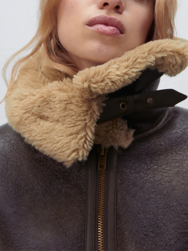 LY VAREY LIN New Winter Moto Biker Pu Short Coat Women High Street Zipper Faux Lamb Leather Jacket Lady Thick Warm Outwear