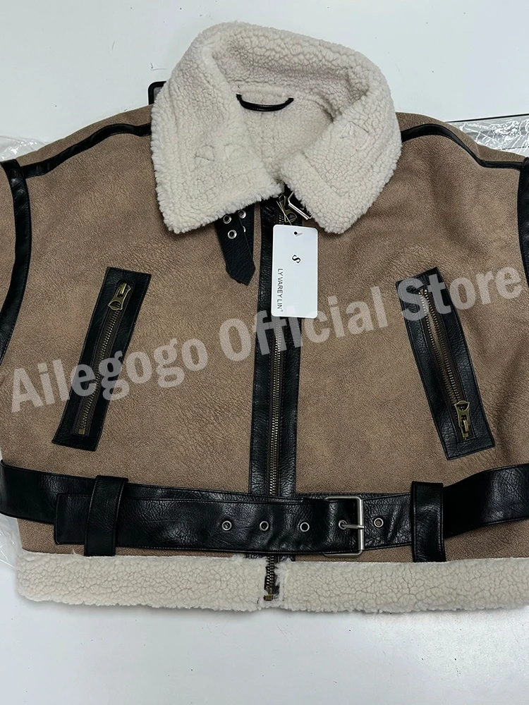 Ailegogo Streetwear Women Retro Loose Spliced Faux Leather Soft Fur Short Jacket Winter Female Zipper Belt Coat Vintage Outwear