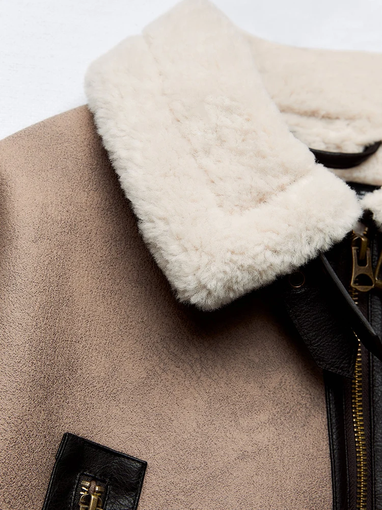 Ailegogo Streetwear Women Retro Loose Spliced Faux Leather Soft Fur Short Jacket Winter Female Zipper Belt Coat Vintage Outwear