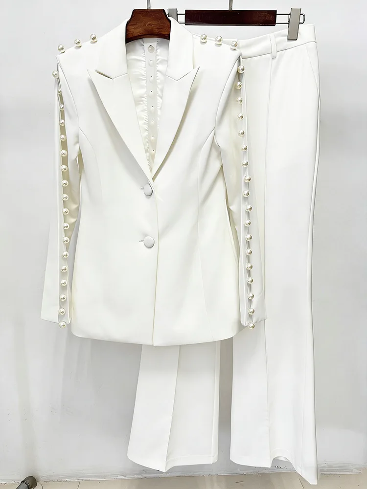 HIGH STREET Newest 2026 Designer Runway Suit Set Women's Pearls Beaded Gauze Patchwork Slim Fitting Blazer Pants Set