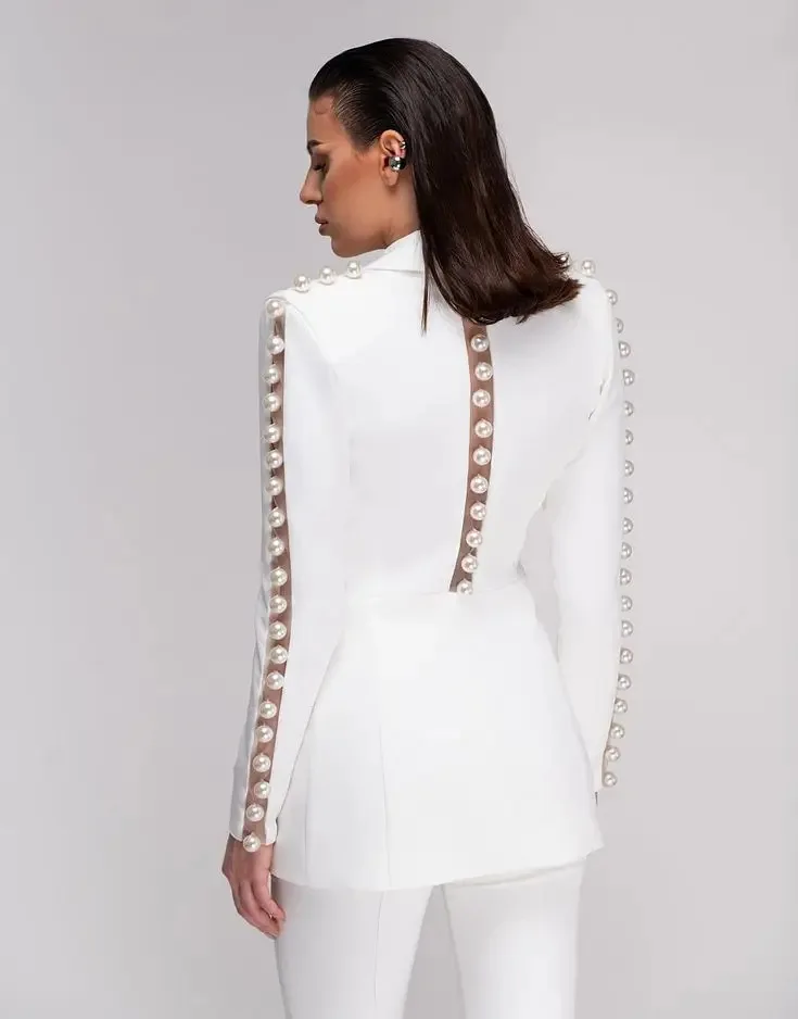 HIGH STREET Newest 2026 Designer Runway Suit Set Women's Pearls Beaded Gauze Patchwork Slim Fitting Blazer Pants Set